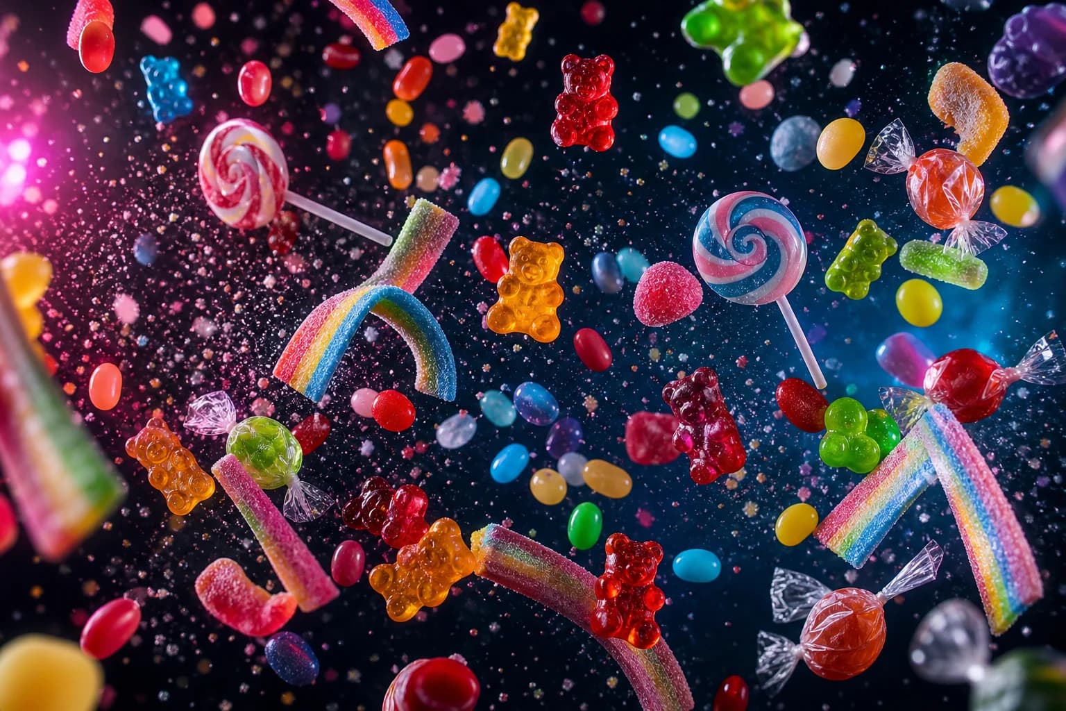 Colorful candy flying through the air