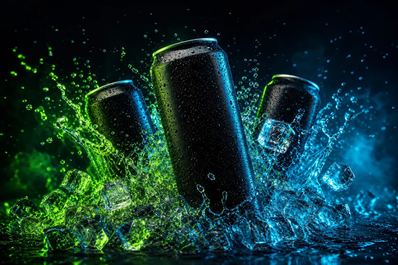 Ice-cold energy drink cans bursting through water and ice