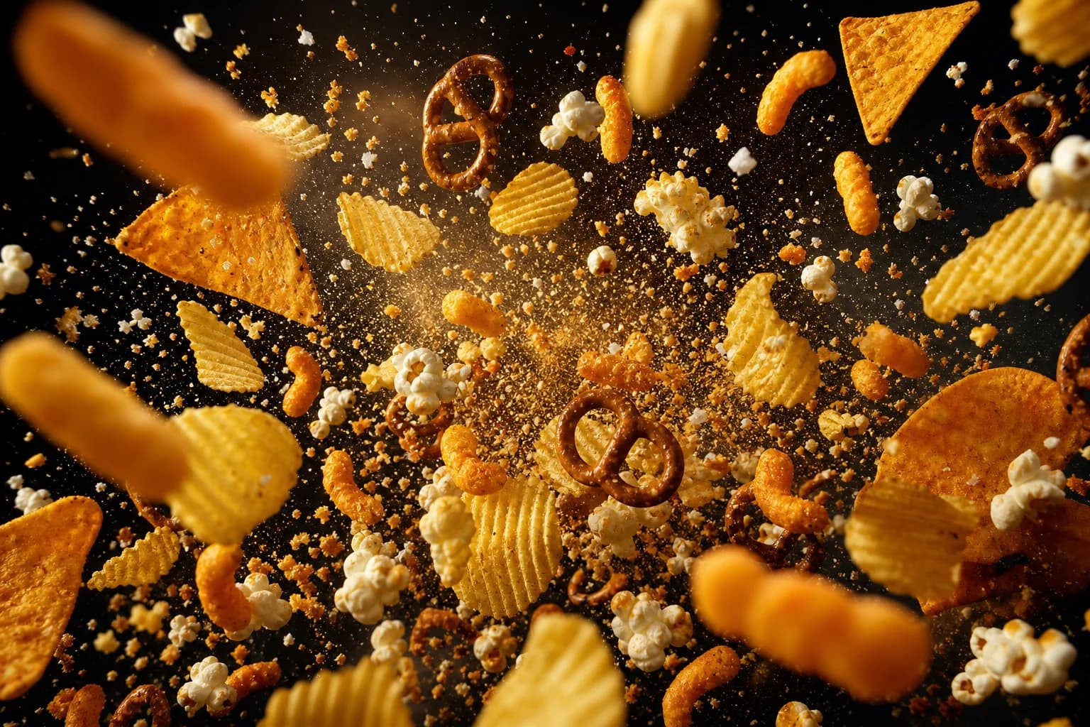 Chips, pretzels and popcorn bursting mid-air